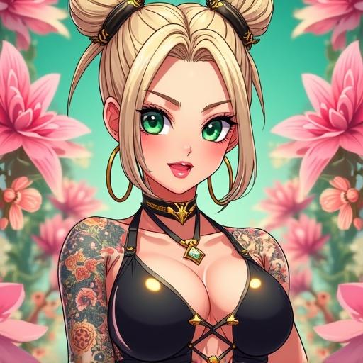 Anime character in futuristic popstar streetwear. Woman with emerald green eyes. Elegant light blonde hair styled in oversized French bun. Light pink diamond jewelry. Edgy and sexy outfit. Muscular build with tattoos. On front cover of music festival poster. Classy and colorful design.