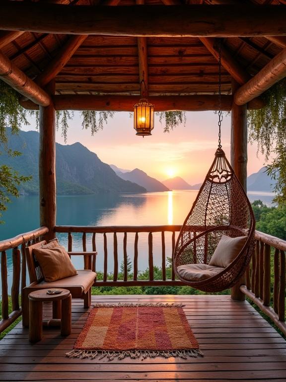 Rustic wooden deck area with a lake and mountains view during sunset. Wood construction features thatched roof, hanging plants, warm lantern light. Woven hammock chair with cushions, a small side table, and a woven rug on wooden flooring. Scenic lake with deep blue water reflecting sunset colors, framed by lush green mountains. Tranquil atmosphere for relaxation.