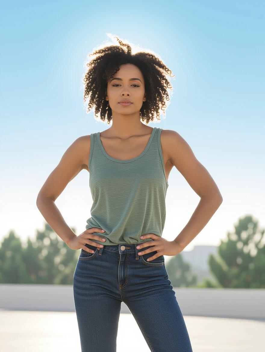 Confident person standing in bright open space. Sunlight behind them. Determined expression. Arms on hips. Background includes trees and blue sky. Inspirational and cinematic style.