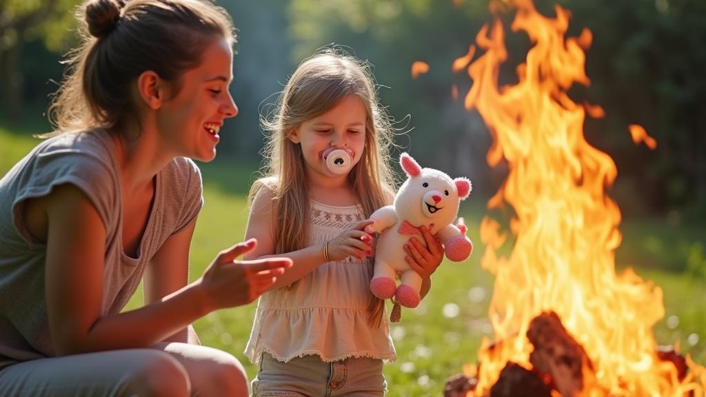 A mother and daughter enjoy a playful moment outdoors. They interact joyfully by a large fire. The daughter holds a large pacifier. The vibrant, sunny day enhances their cheerful mood. The scene captures genuine family affection. The grassy yard is lively and inviting. Mother throws stuffed toys into the fire as they wave goodbye. The atmosphere is light-hearted and fun.