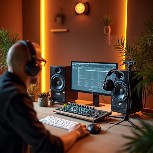 Interior of a modern podcast studio. Desk with professional microphones and headphones. Sound mixing equipment visible. Acoustic foam panels for soundproofing. Warm ambient lighting creates a welcoming vibe. Minimalistic design with plants and subtle decor elements. Realistic space for audio recording.