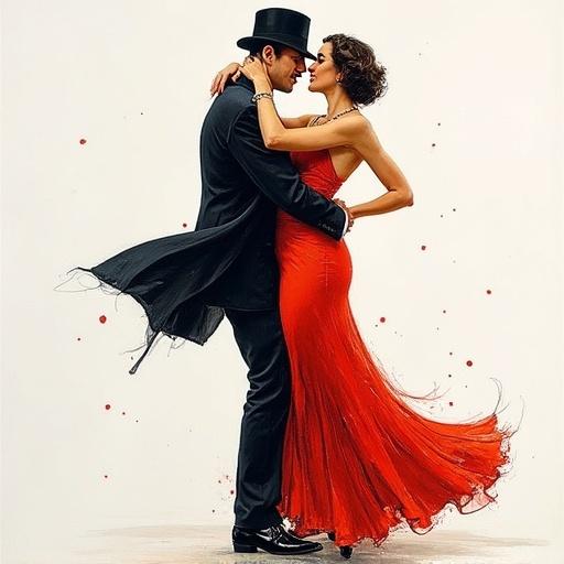 Full body view of a couple dancing on a white background. The couple is dressed in 1930s gangster style. The painting features vibrant oil colors and highly detailed linework. Style reminiscent of Robert McGinnis. Intricate textures emphasize movement and elegance.