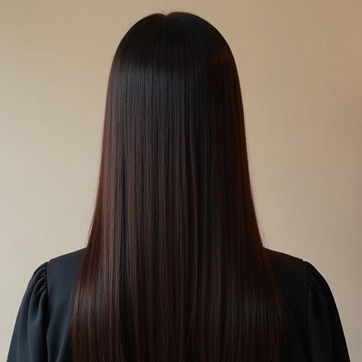 Japanese beautiful straight hair shown from the back, highlighted features in a brilliant photo