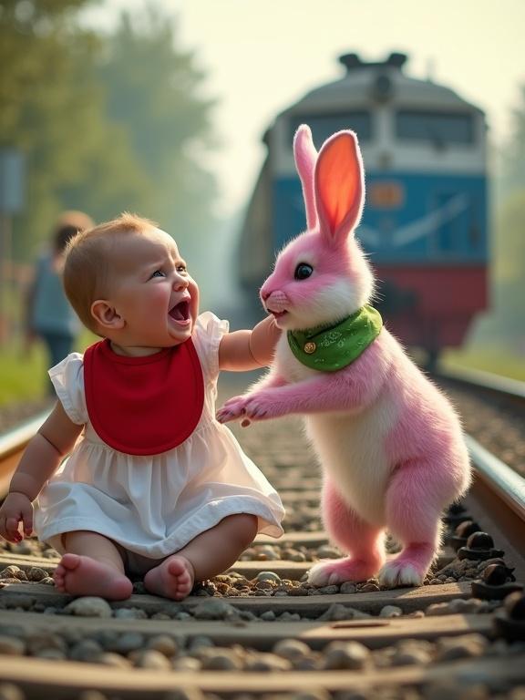 Vibrant playful scene features baby in red bib and white dress with lively pink and white rabbit wearing green bandana. Rabbit tries to save baby from approaching train on railway track. Background shows blue and white train adding depth.
