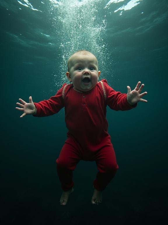 Dramatic wide-angle underwater view of a baby in red clothing sinking into dark ocean. Baby's arms outstretched with bubbles around. Face lit by dim rays from surface. Murky water with debris and flashes of lightning. Baby wears red onesie with white trim. Hair drifting, wide eyes showing fear. Chaotic yet eerily quiet water below surface.