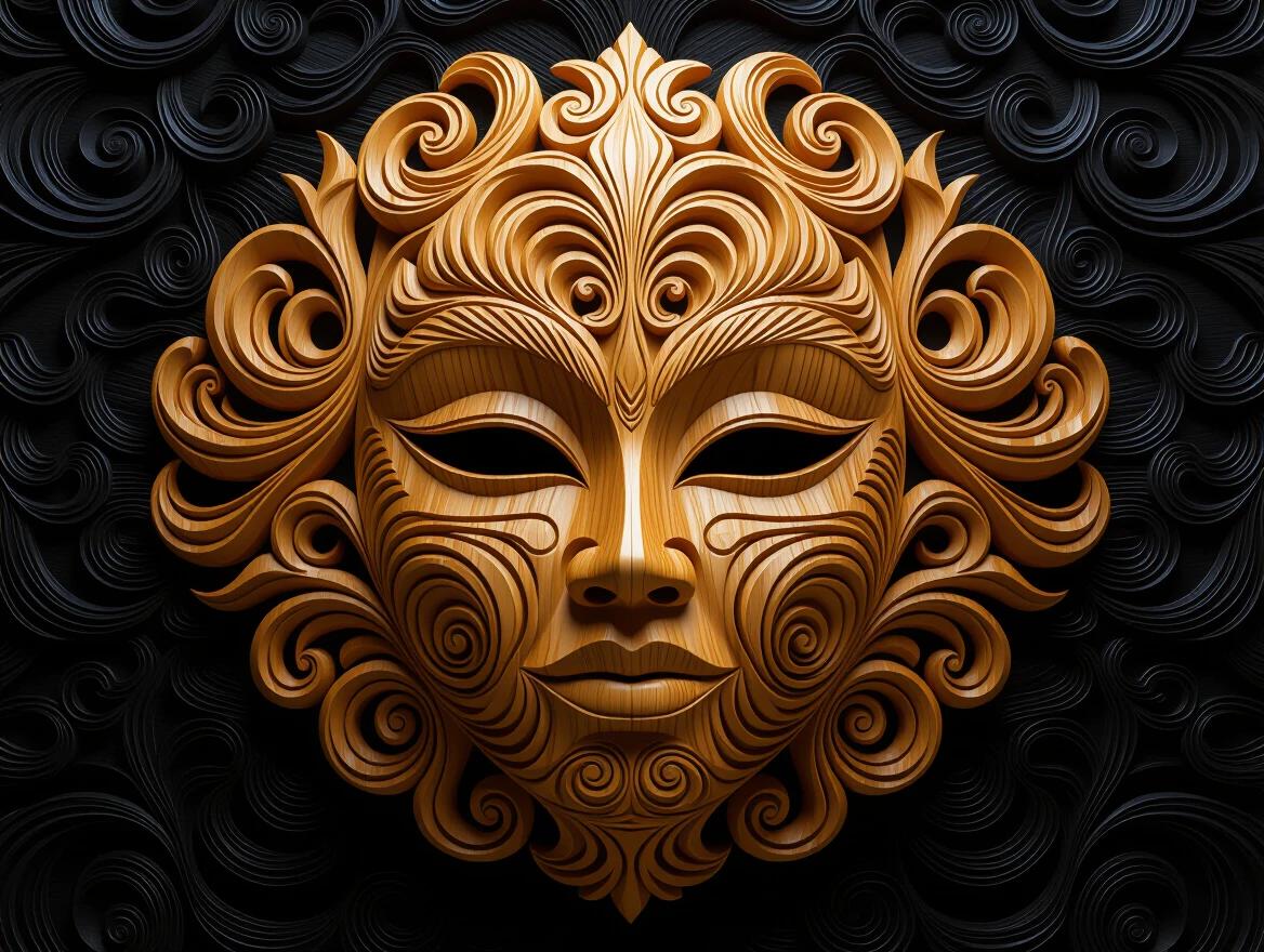Intricate carved wooden mask displayed against a dark flaming background. Ornate swirls and tribal patterns can be seen. The design showcases a hyperdetailed and high contrast aesthetic. Created in a 3D octane render style.