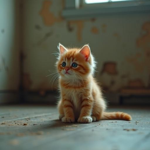 A tiny fluffy ginger kitten sits alone in an empty room. The room has peeling wallpaper and dusty wooden floors. A ray of dim light comes from a high window. The kitten looks sad with ruffled fur and big round eyes. Its tail is curled around its paws and ears are drooped. The atmosphere feels quiet and melancholic with muted colors and soft shadows.