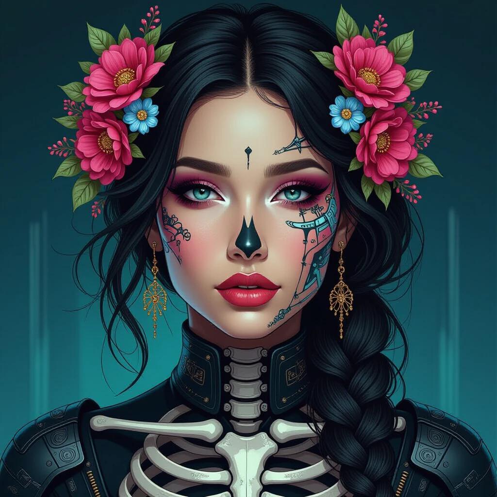 Portrait of a woman designed with cyberpunk style. Floral accessories adorn the hair. Skeleton design elements are incorporated in attire. Background features a soft glowing effect. Vibrant colors create a striking appearance.