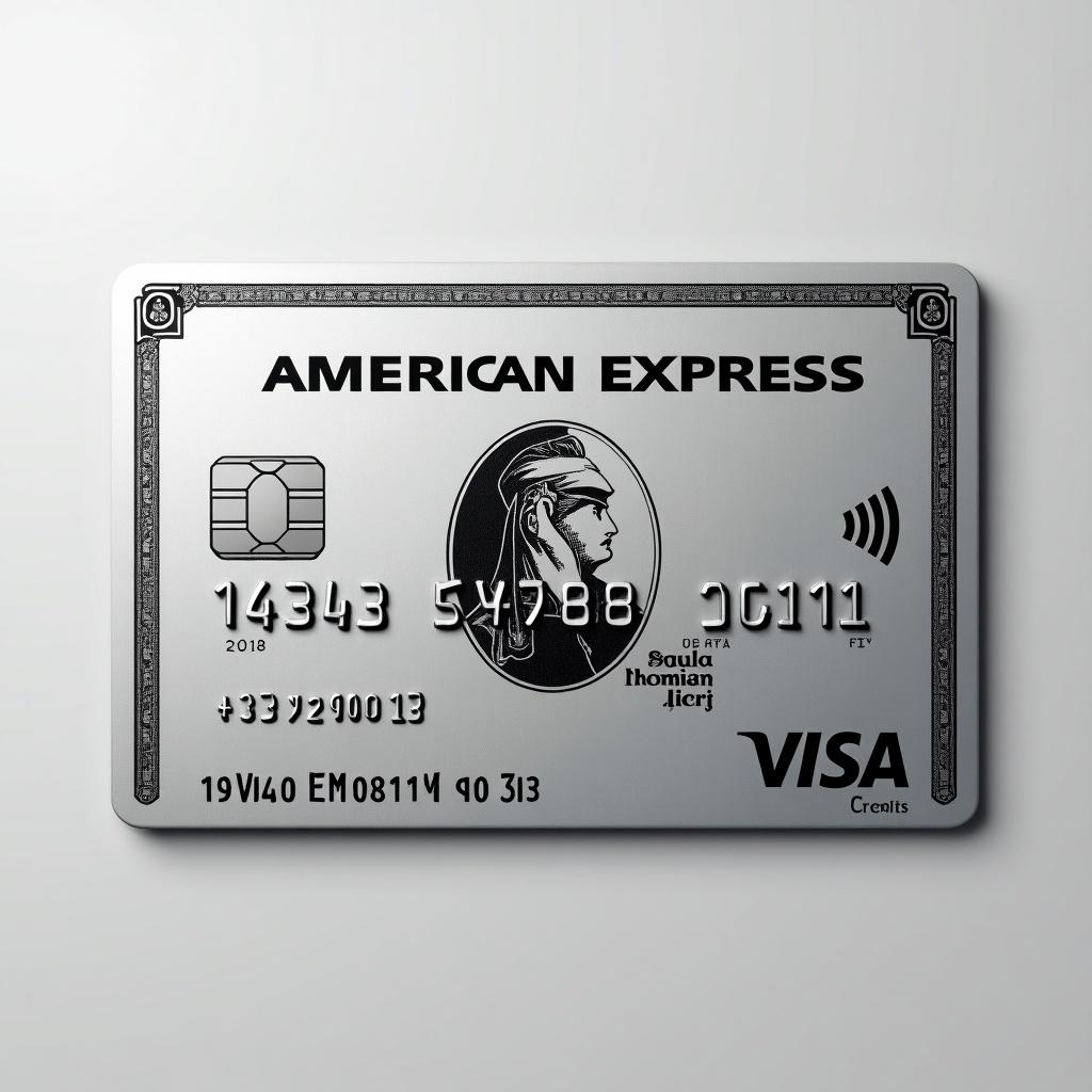 Realistic image of platinum American Express credit card featuring prominent Visa logo. Cardholder name and expiry date March 2028 are visible. Silver background complements bold black font for modern elegance.