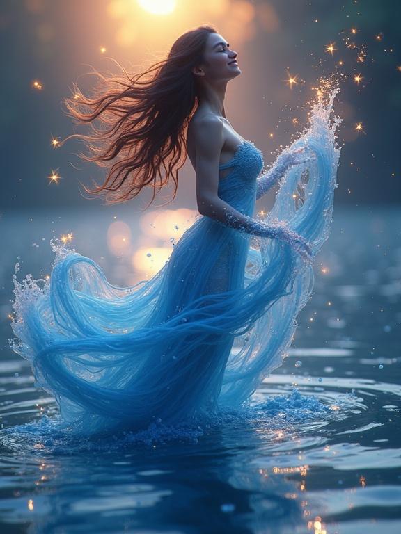 A 3D render of a dancer in flowing blue attire submerged in tranquil water. The hair forms waves resembling molten sapphire flowing at her feet. Glowing fireflies and air bubbles surround her while warm twilight colors create an ethereal atmosphere. The shadow casts a storm-serpent silhouette behind her.