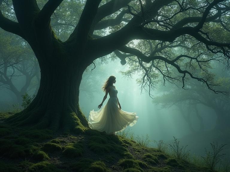 Ethereal figure dances in misty forest. Ancient tree with gnarled branches. Soft light weaves through branches. Flowing gown illuminated, intricate shadows on mossy ground. Scent of damp earth and night flowers.