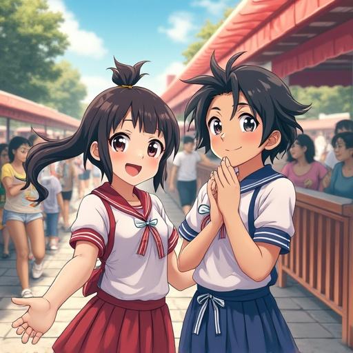 Two animated children are walking in a lively festival atmosphere. They are smiling and holding hands. The background shows a vibrant market with people milling around. The setting is sunny with trees visible.