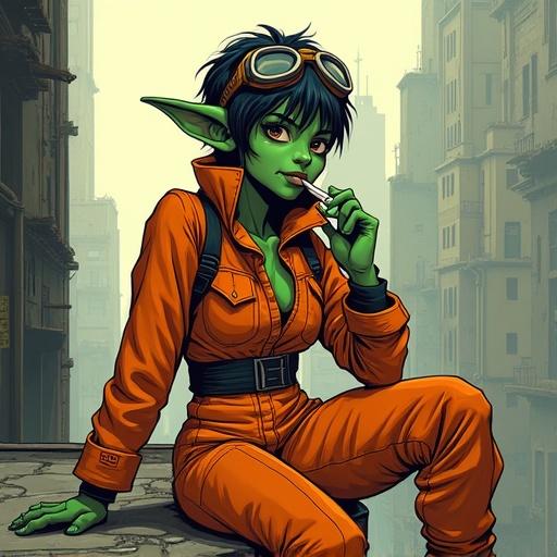 Illustration of a goblin character in an orange jumpsuit with green skin. Character sits on a ledge in a dilapidated city. She smokes a cigarette. Background features muted gray and brown tones. Lighting suggests early morning or late evening. The style is comic book with bold outlines.