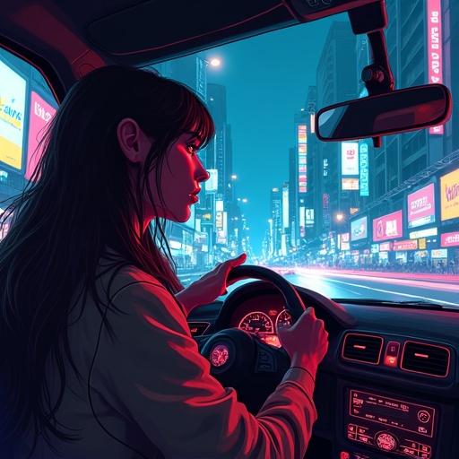 Cyberpunk illustration of a woman driving a car through a night city illuminated with signs and buildings.