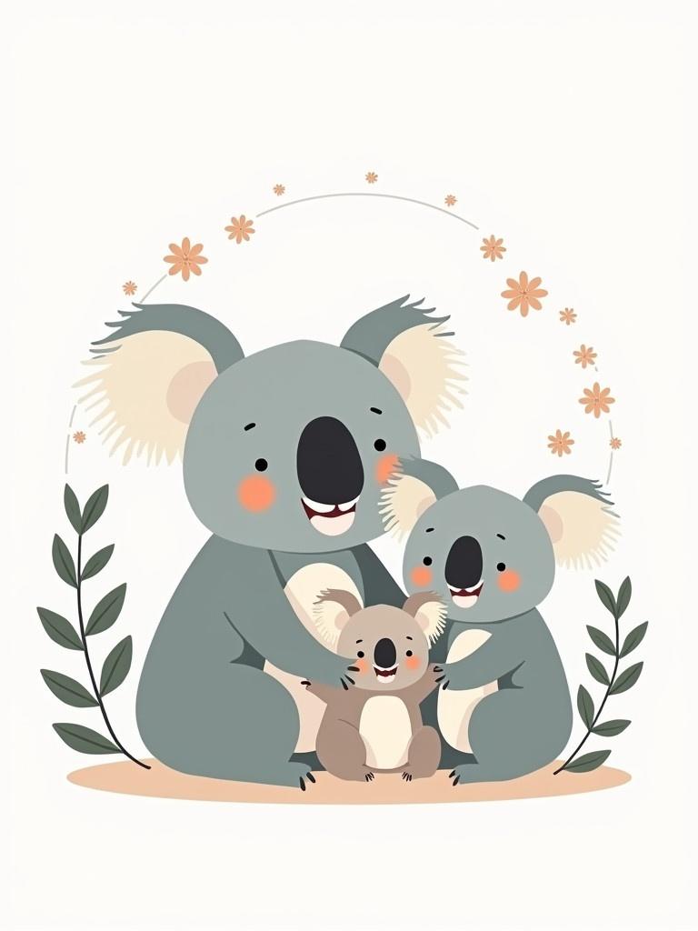 A vector-style illustration features a koala family consisting of a mother; a father; a son; and a little daughter. They celebrate Eid Mubarak together. A white background enhances the aesthetic. Surrounding them are decorative eucalyptus leaves.