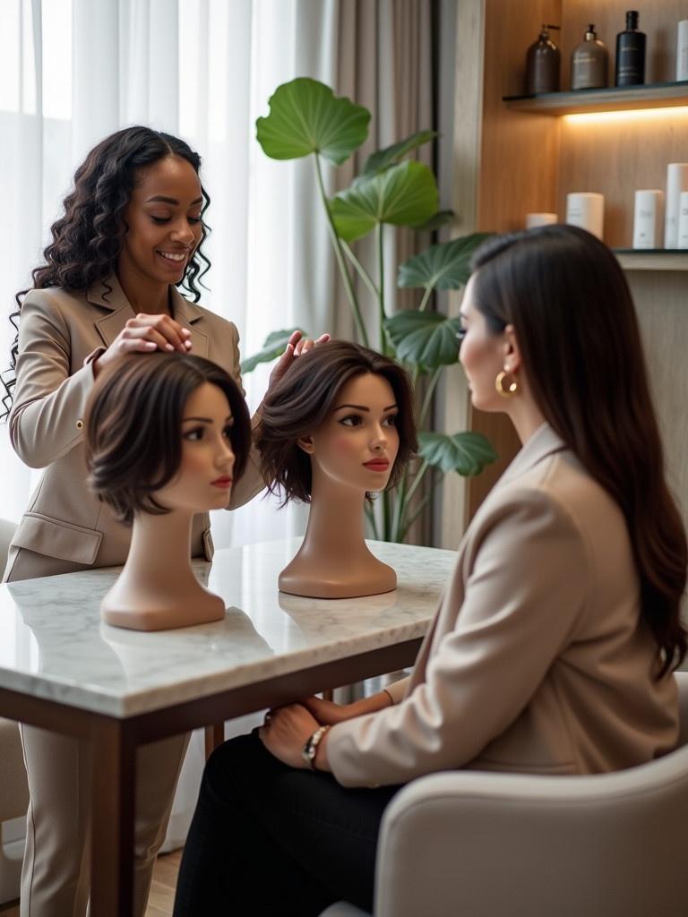 Luxurious modern salon with soft natural lighting and elegant décor. Professional wig consultant showing high-quality wigs on mannequin heads to a client. Client is seated, engaged in conversation about wigs. Room features plush seating and marble consultation table. Calm and inviting ambiance reflecting professionalism and care.