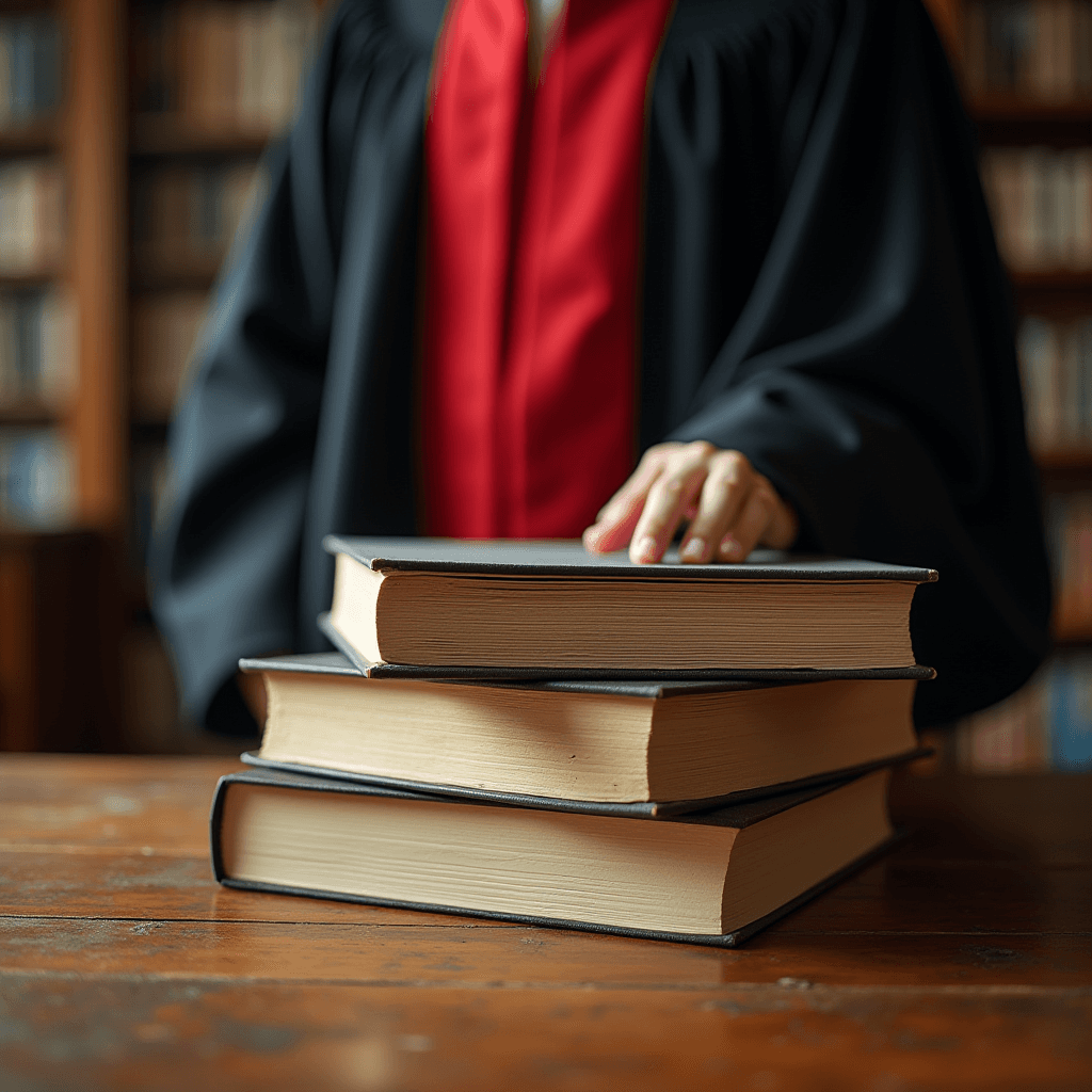 A person in academic robes stands behind a stack of large books in a library.