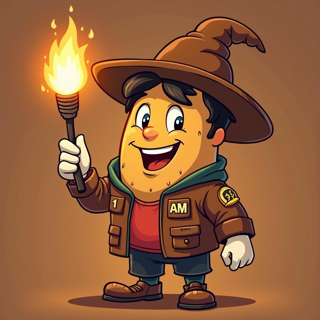 Jack is a cute cartoon character. He wears a brown wizard hat and a stylish jacket. He is holding a torch in one hand. He has a big smile. The background is simple with warm colors.