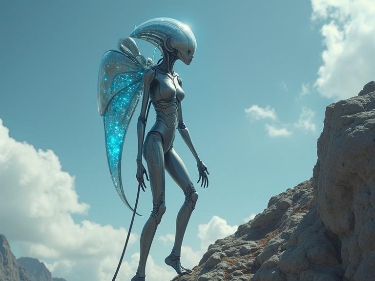 Tall female humanoid creature with elongated body and aerodynamic shape. Faceless with a metallic sheen. Translucent blue sacs glow softly on body. Blue particles float within sacs. Climbing a mountain with a striking backdrop of clouds and rocks.