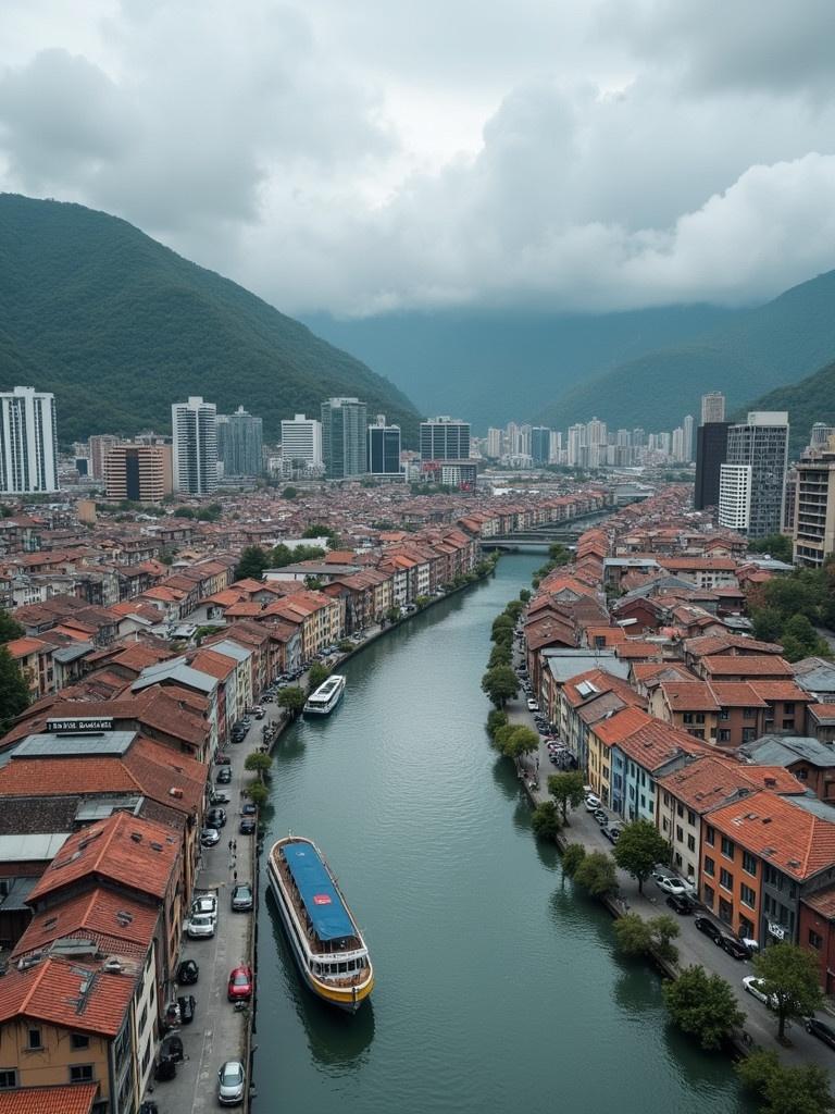 A panoramic view of Bilbao taken from above. The image shows a winding river flanked by buildings with terracotta roofs. Mountains loom in the background under a cloudy sky. A boat is docked along the riverbank.