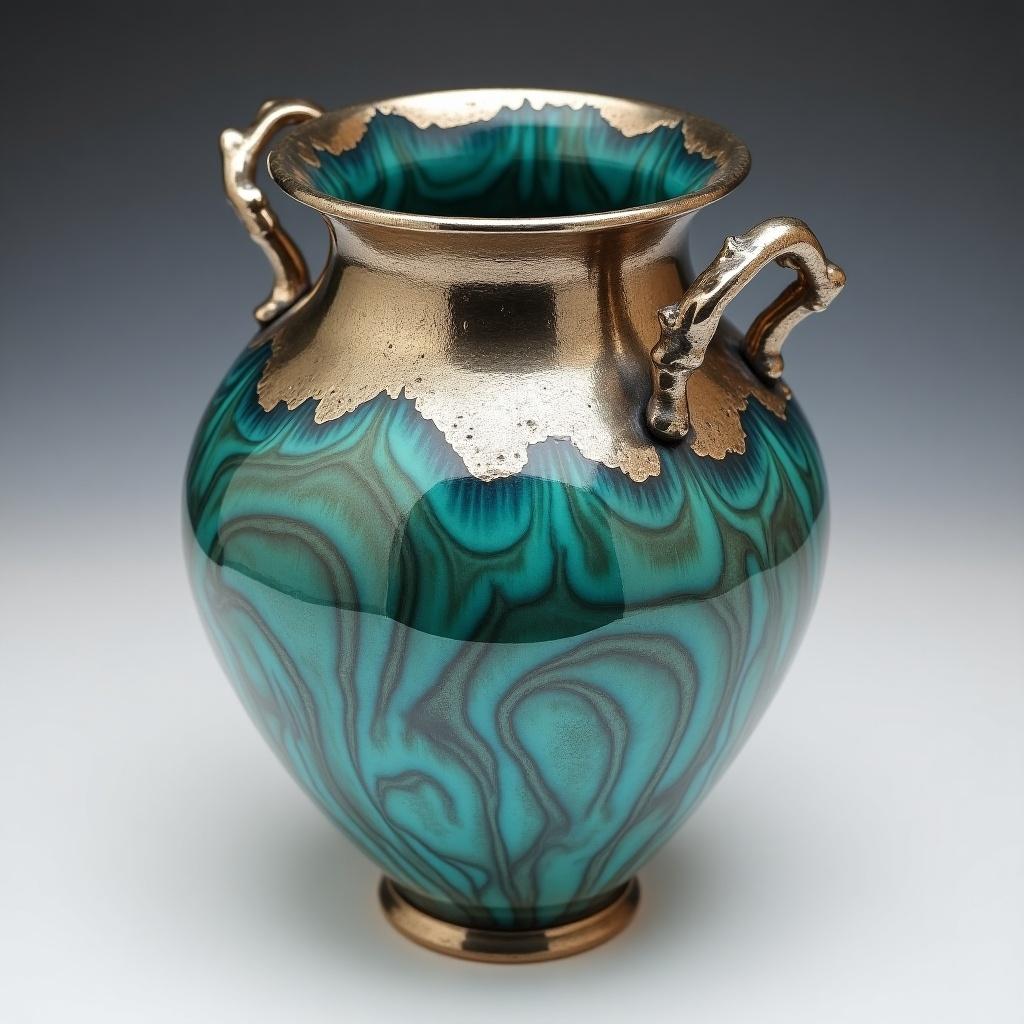 Tall flared Moroccan pottery vase featuring a swirled turquoise glaze and hammered sterling silver accents. Includes sterling silver handles and is filled with coins reminiscent of a Spanish galleon.