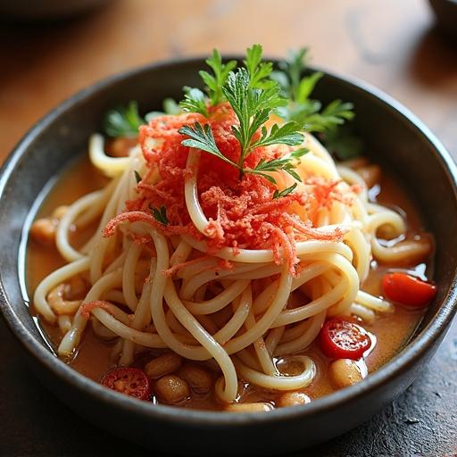 A bowl of noodles served with fish roe and herbs garnished with a touch of green. The dish is presented in a dark bowl, showcasing the vibrant colors and textures of the ingredients.