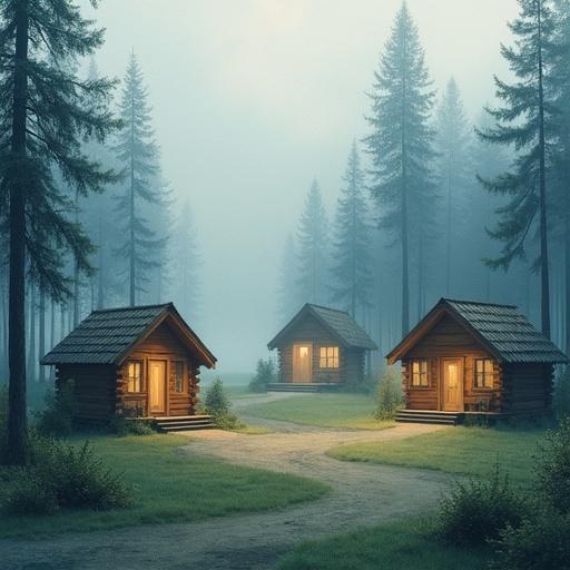 Cluster of cozy cabins in foggy woods with light spilling from windows. Depicts atmospheric impressionism in watercolor style. Soft pastel blends create dreamlike and tranquil scene.