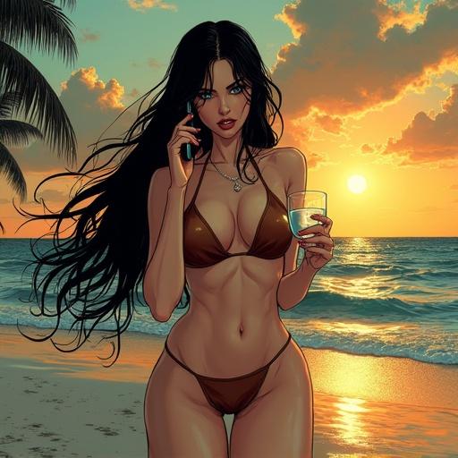 Tall woman with long black hair and white skin is wearing a brown bikini. She talks on a cellphone and holds a glass. She stands on the beach at sunset. The atmosphere is hot and tense. The image features dramatic lighting and high-contrast inking.