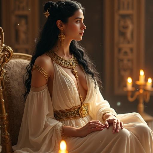Ishtar is a stunning Mesopotamian goddess of love and war depicted as a young woman. Jet-black hair styled in an intricate updo. Semi-transparent robe embroidered with golden symbols. Beautifully accentuated features highlighted by soft lighting. Surrounded by magical scrolls. Sacred chamber with candles enhances the atmosphere.