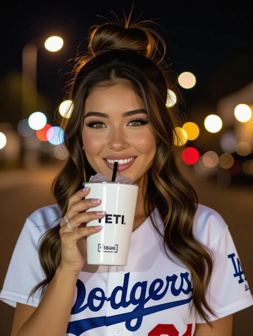 A young woman with wavy brown hair and green eyes in a Dodgers jersey holding a Yeti cup. She smiles confidently while chewing on a black straw. Photo taken at night with warm lights in the background. The image has a vintage Kodak style with a timestamp.