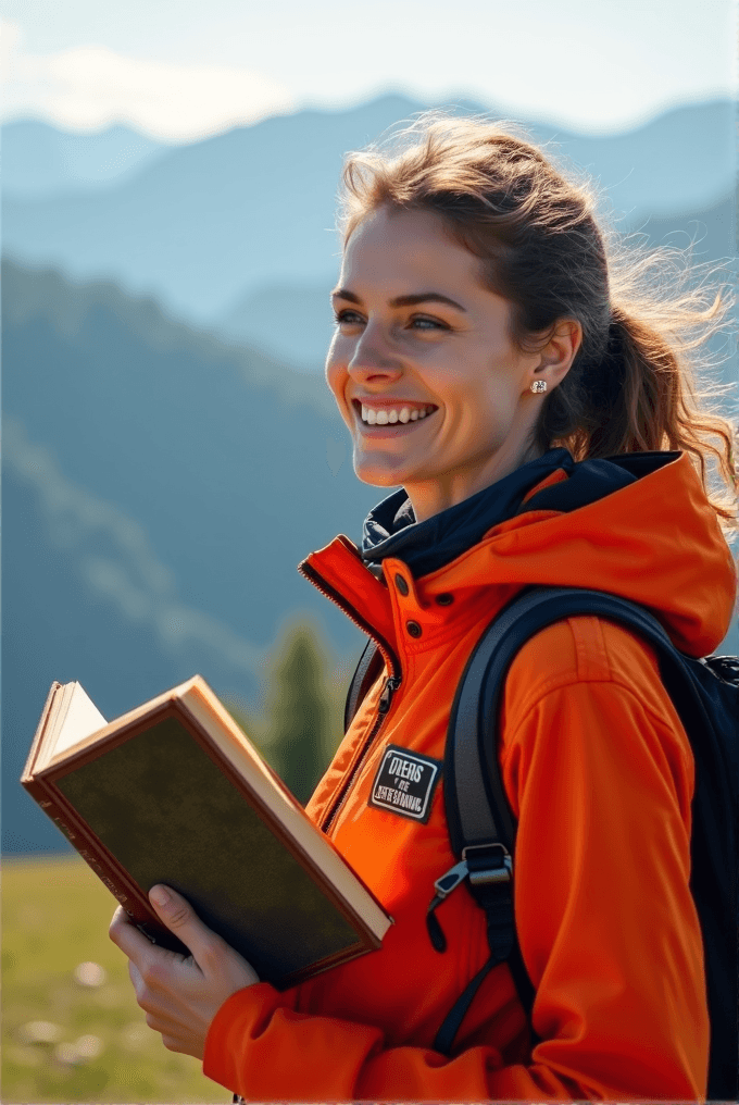 A woman in an orange jacket smiles while holding a book in a mountainous landscape.