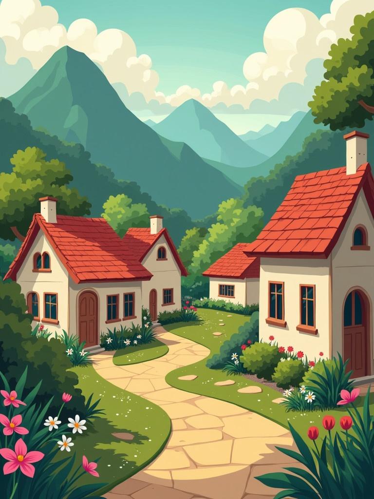 Village background designed with rubberhose art style. Two charming cottages with red roofs. Lush greenery and flowers surround the cottages. Rolling mountains in the background under a bright blue sky. A winding path leads through the village.