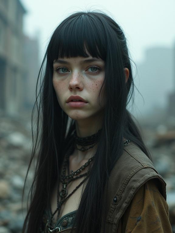 Close up portrait of a young woman in worn wastelander clothes. She has long dark hair and pale skin with freckles. The background shows city ruins. The photo emphasizes skin detail and uses soft lighting.