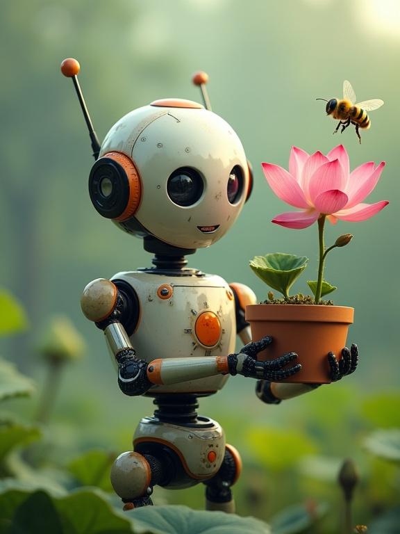 A robot stands holding a potted lotus flower. The flower is vibrant and in full bloom. A bee buzzes nearby in search of nectar.
