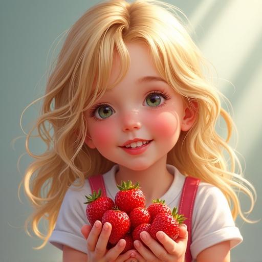 Digital art illustration of a little girl holding strawberries Cheery expression Blonde hair High detail Artistic realistic High contrast