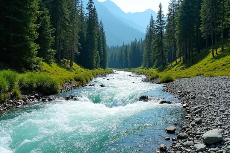 A hyper-realistic photograph of a fast-flowing turquoise-blue mountain stream in a dense pine forest. Stream curves gently to the right, creating white water in the foreground. Tall coniferous trees grow closely on the left, trunks vertical with sunlight filtering through. Right bank has grey pebbles, green grass, and patches of soil. Background has tall pine trees and forested mountain slopes in mist. Scene has bright daylight creating vibrant contrasts. Camera angle is low and eye-level, near the left bank, looking slightly upstream with a wide field of view. Depth is created by river leading eye toward forest vanishing point. Water texture, tree bark, grass blades, and mountain haze are captured in ultra-sharp detail.