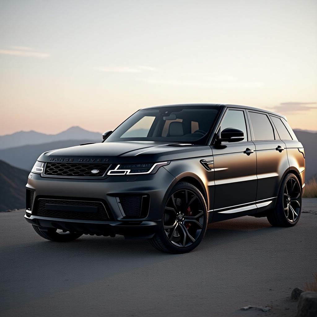 Range Rover Sport SE 2021 in a matte black finish. The car is positioned on a scenic road at sunset, showcasing its exterior design and features.