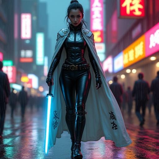 Hyper-detailed digital painting in cyberpunk-realism style. Central figure is a warrior woman in futuristic armored suit with black leather jacket and silver plates. White cloak features graphic black patterns. She wears form-fitting pants and high boots. In her right hand, she wields an energy sword with cyan glow that casts reflections on wet street. Lighting is deep evening in metropolis with neon signs; warm yellow street lamps contrast with cold neons. Light haze effect from rain mimics Fujifilm Pro 400H film with subtle grain. Textures show natural skin pores, dampness under neon light and a metallic sheen of armor. Emblems feature black ideograms in burnt gold. Sword has a semi-transparent cyan core and sparks upon contact. Environment depicts a narrow alley with skyscrapers and blurred crowd. Large droplets of rain leave smudged footprints on surfaces. Color palette contrasts cool tones with warm hues. Style is 1980s cyberpunk realism emphasizing dynamic light and shadow. Emotion is expressed through direct gaze and poised stance balancing power and calm.