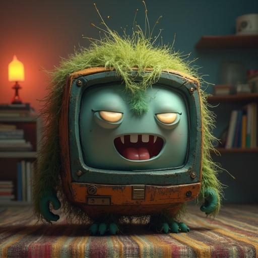 Cute monster with fangs resembling a television. Green and furry with an expressive face. Friendly character with a charming smile.