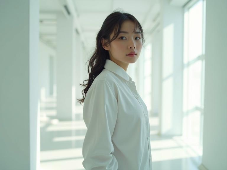 A woman possesses super powers allowing her to camouflage in her environment. She stands in a sleek white laboratory. Light casts shadows and highlights on her figure. The setting is bright and sunny, showcasing textures and details.
