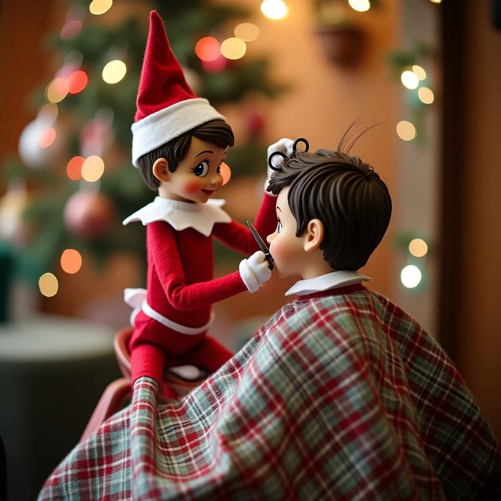 An elf on a shelf is depicted as a barber cutting hair. The scene is set in a festive environment with soft, warm lighting. Cozy decorations add to the Christmas ambiance.