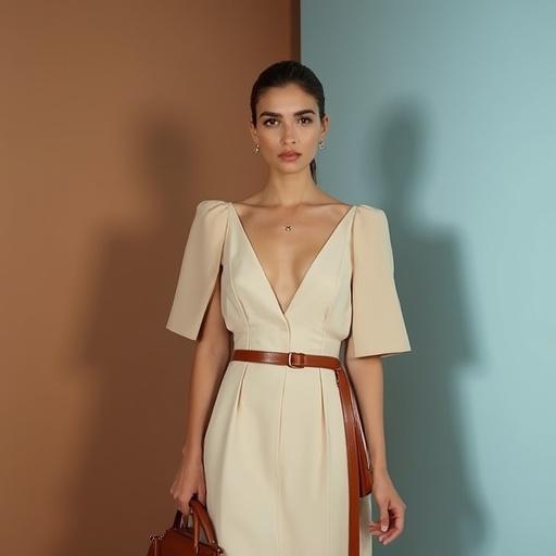 Fashion full-body photo for Vogue magazine. Beautiful woman in elegant beige summer dress with Celine belt. Holding classic Celine brown bag. Highlighted face with captivating gaze. Background minimalist brown and light blue gradient, soft shadows.