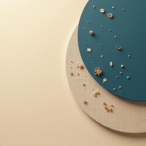 Clean beige background with subtle linen texture. Dark blue semi-circle accent overlapping the beige. Gold decorative spice particles scattered near the center. Placeholder text in modern sans-serif font in teal color. Space for product PNG in center with drop shadow. Balanced luxury with organic touches.