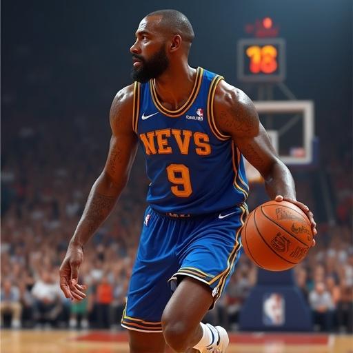 Realistic depiction of an NBA basketball player in action during a game. The player wears a blue basketball jersey with yellow accents and holds a basketball. The background suggests a crowd in an arena.