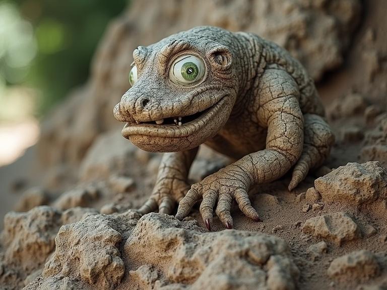 A textured whimsical creature with large eyes sits on an earthy rock surface. The surrounding area displays aged rocks with a rugged appearance.