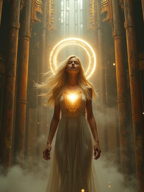 Young beautiful tribal blonde woman levitating in a rusted metal cathedral. Surrounded by floating golden circuit halos. Glowing white eyes. Chest open with a glowing synthetic heart. Holy techno-ritual with fog and light rays. Ultra-detailed.