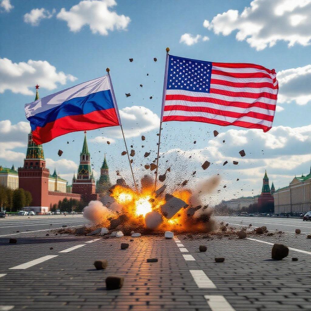 A scene depicting a Russian flag and a USA flag colliding with an explosion in a cityscape setting.