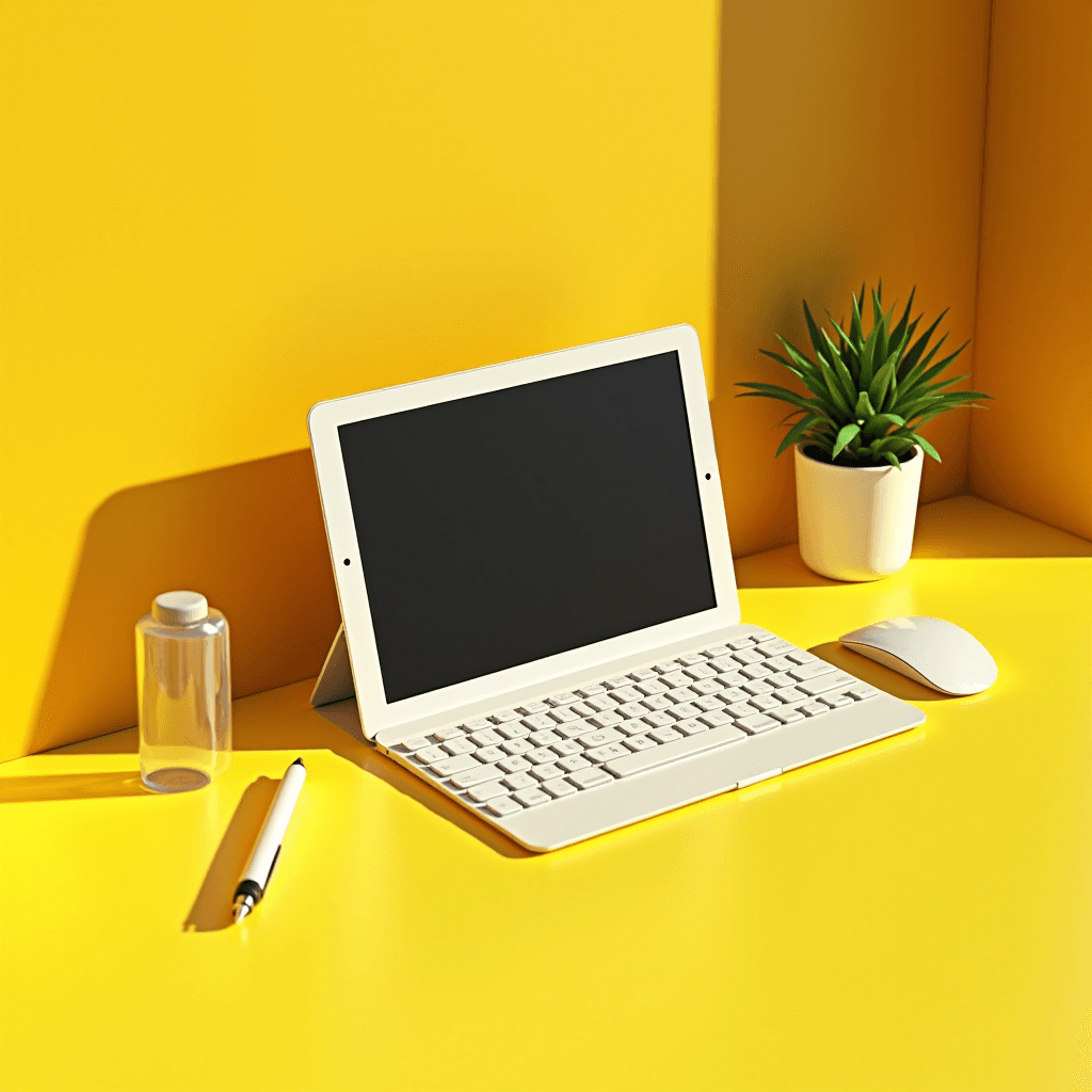 A tablet with a keyboard, mouse, pen, bottle, and plant on a bright yellow desk setup.