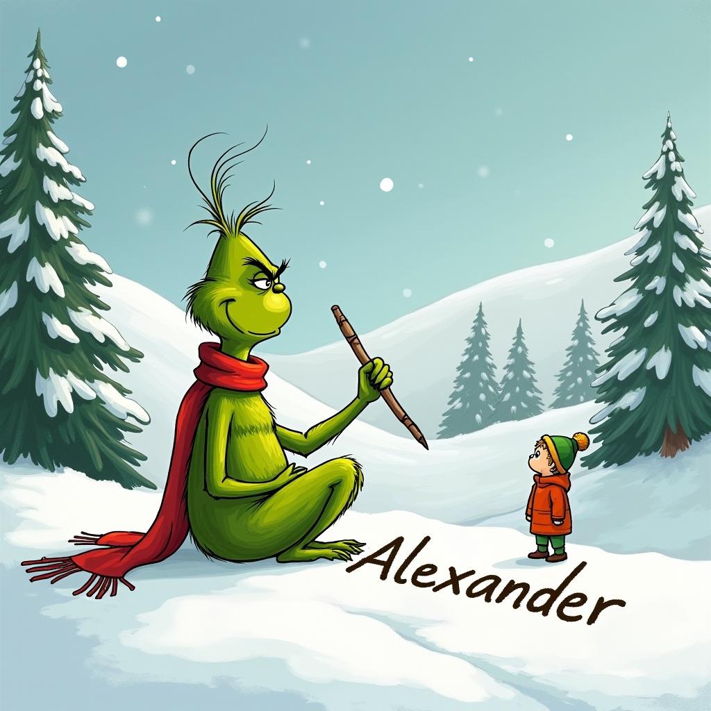 The Grinch sits in the snow. He writes 'Alexander' with a stick. A small character watches him. Snow covers the hills. Evergreen trees surround them. The Grinch wears a red scarf. He is green.