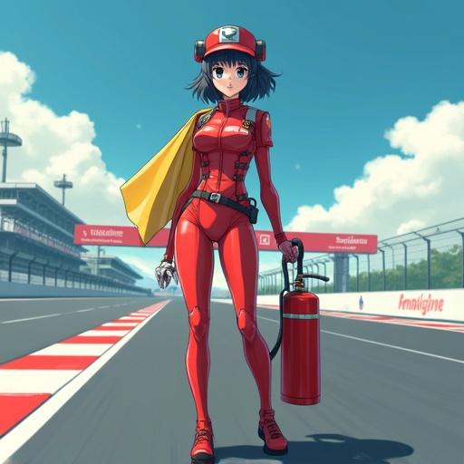 Anime character at a racing circuit holding a fire extinguisher and yellow flag. Background features a racing track.